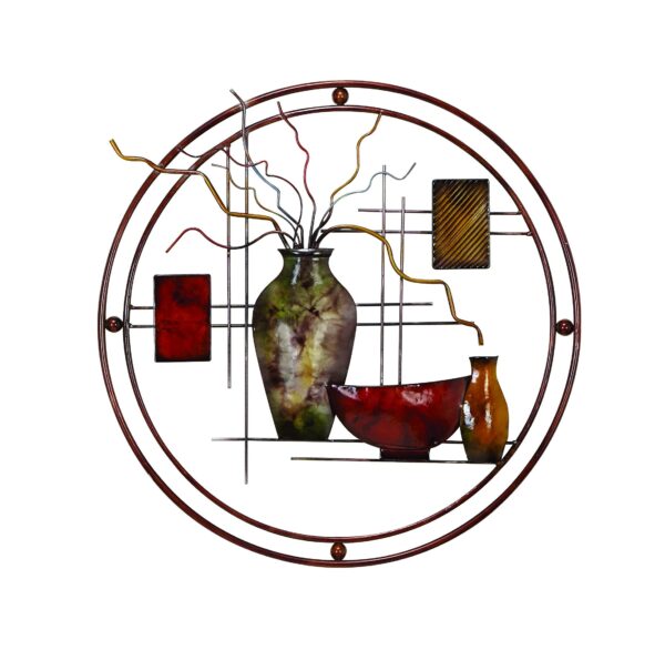 22 Inch Round Metal Wall Decor With Vase, Multicolor