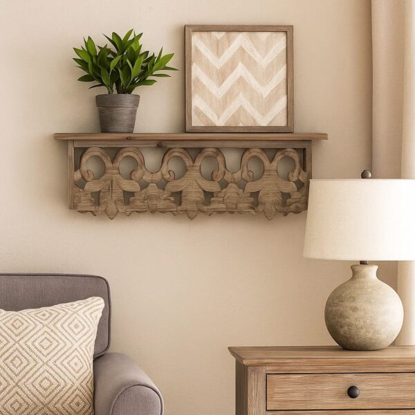 23.5 Inches Wooden Wall Shelf with Scrollwork, Small, Brown