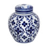 Traditional Style Urn Shape Ceramic Lidded Jar with Floral Pattern, White and Blue