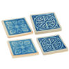 Square Shaped Ceramic Coaster with Intricate Detail, Blue and Cream, Set of Four