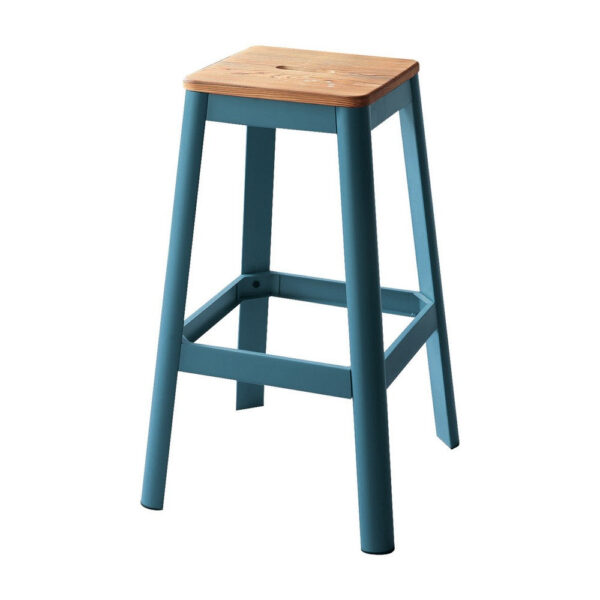 Industrial Style Metal Frame and Wooden Bar Stool, Brown and Blue