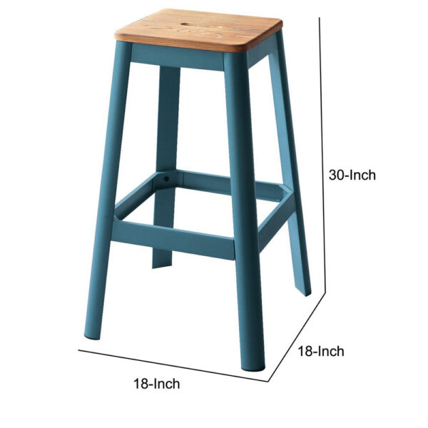 Industrial Style Metal Frame and Wooden Bar Stool, Brown and Blue
