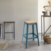 Industrial Style Metal Frame and Wooden Bar Stool, Brown and Blue
