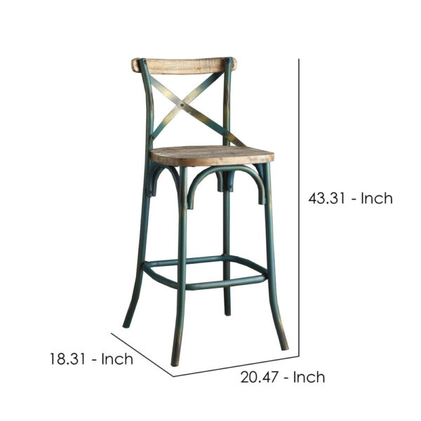 Wood & metal Bar Height Chair with X Style Panel back, Antique Sky Blue