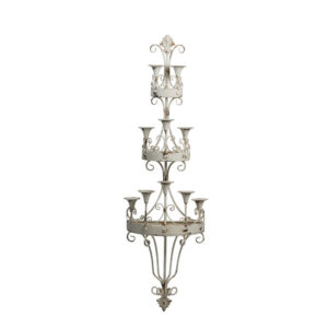 16 Inch Wall Mount Candle Holder, Ornately Scrolled White Metal Finish