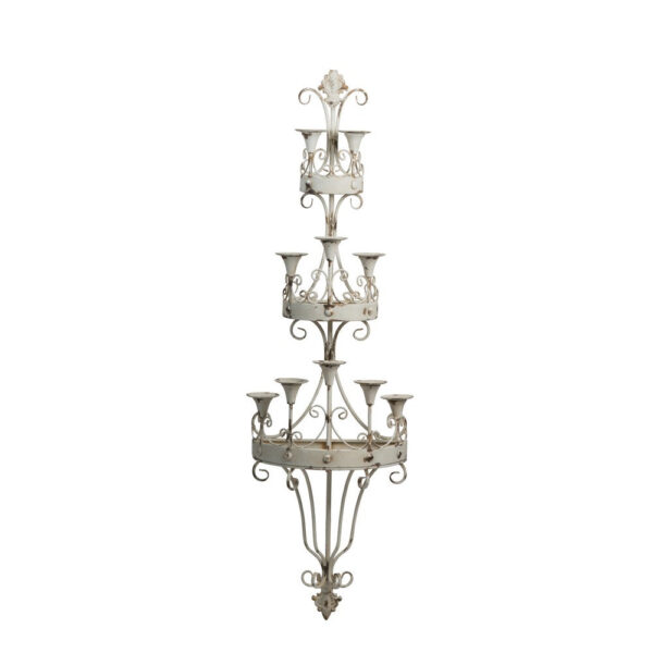 16 Inch Wall Mount Candle Holder, Ornately Scrolled White Metal Finish