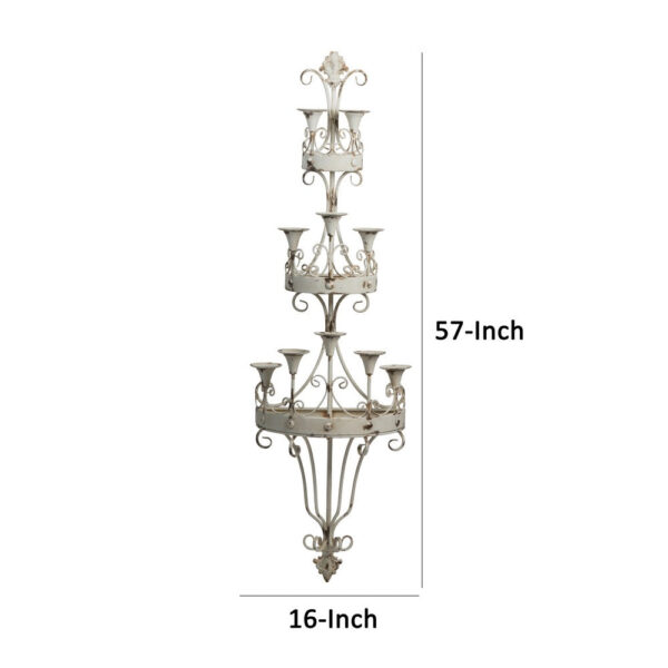16 Inch Wall Mount Candle Holder, Ornately Scrolled White Metal Finish