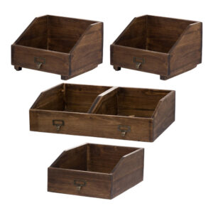 19, 13, 10 Inch Fir Wood Box, Set of 4 with Metal Handles, Antique Brown