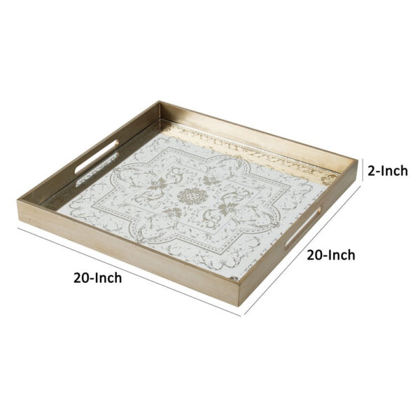 Miki 20 Inch Square Decorative Tray, Artisan Mirrored Floral Pattern, Gold