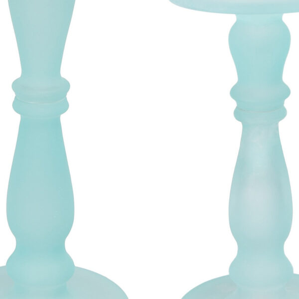 Qui 14, 11 Inch Candle Holders, Turned Pedestal, Blue Glass, Set of 2
