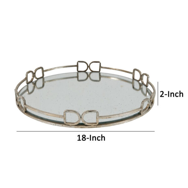 Sui 18 Inch Round Tray, Glass Bottom, Silver Geometric Frame, Large