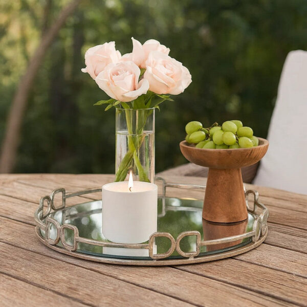 Sui 18 Inch Round Tray, Glass Bottom, Silver Geometric Frame, Large