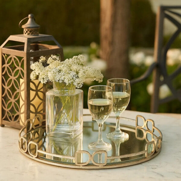 Sui 18 Inch Round Tray, Glass Bottom, Silver Geometric Frame, Large