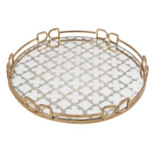 Sui 18 Inch Round Decorative Tray, Glass Bottom and Gold Geometric Frame