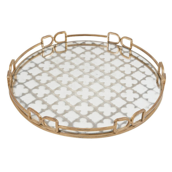 Sui 18 Inch Round Decorative Tray, Glass Bottom and Gold Geometric Frame