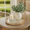 Sui 18 Inch Round Decorative Tray, Glass Bottom and Gold Geometric Frame