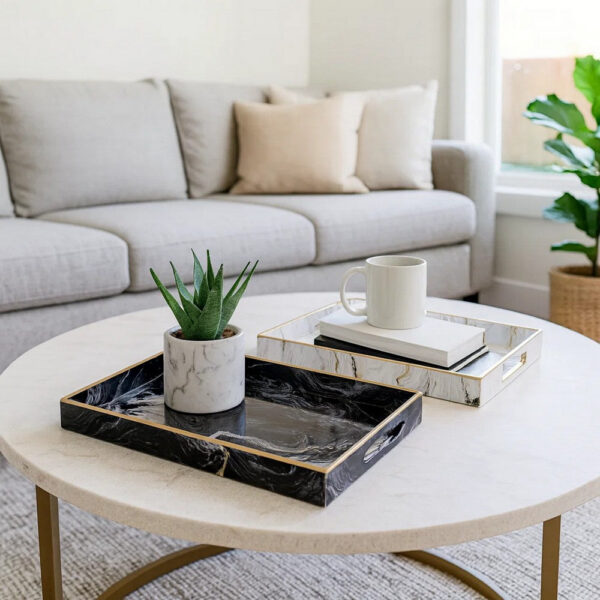 19, 18 Inch Set of 2 Modern Decorative Trays with Rims, Black and White