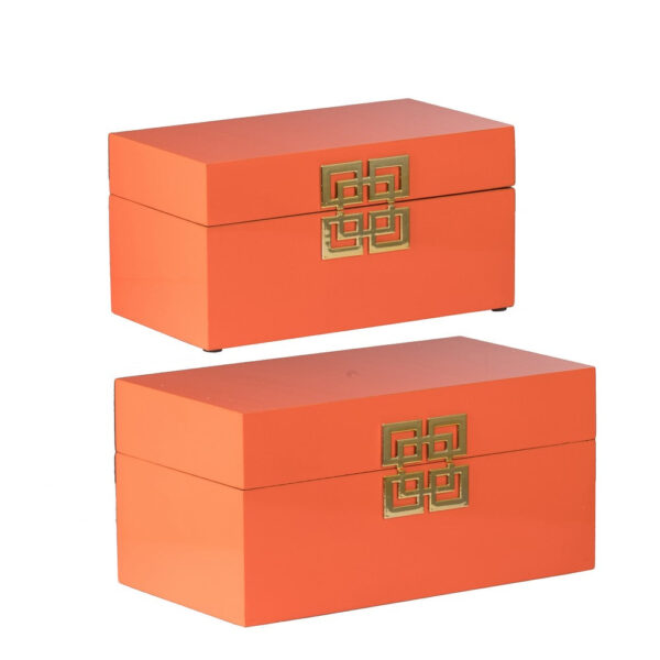 Neo 14, 11 Inch Set of 2 Decorative Boxes, Geometric Metal Accents, Orange