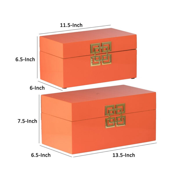 Neo 14, 11 Inch Set of 2 Decorative Boxes, Geometric Metal Accents, Orange