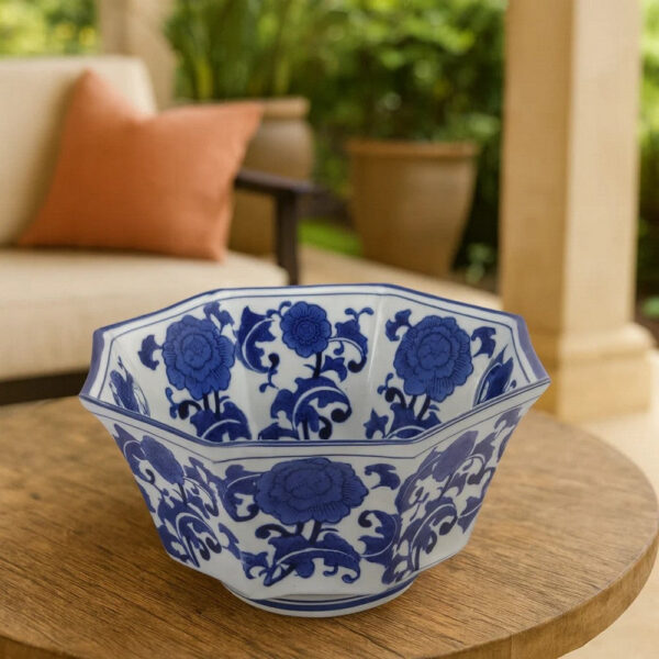 11 Inch Decorative Bowl with Floral Pattern on Blue and White Porcelain