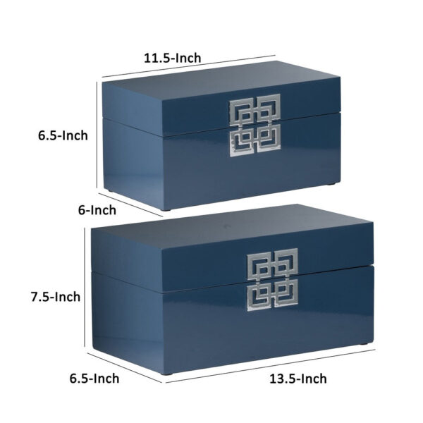 Neo 14, 11 Inch Set of 2 Decorative Boxes, Geometric Metal Accents, Blue