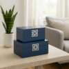 Neo 14, 11 Inch Set of 2 Decorative Boxes, Geometric Metal Accents, Blue