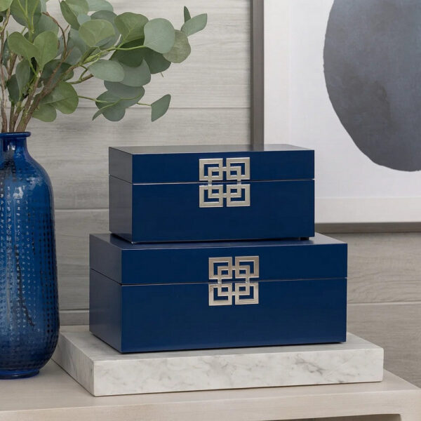 Neo 14, 11 Inch Set of 2 Decorative Boxes, Geometric Metal Accents, Blue