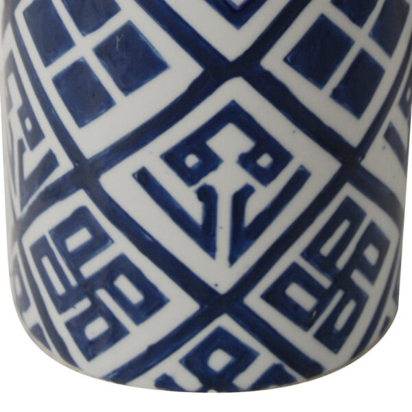 14 Inch Lidded Jar, Geometric Pattern, Cylindrical Blue and White Porcelain