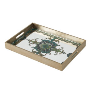 Miki 18 Inch Decorative Tray, Artistic Mirrored Damask Pattern, Gold Finish