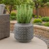 8 Inch Ceramic Planter, Round Curved Bubbled Texture, Weathered Gray Finish