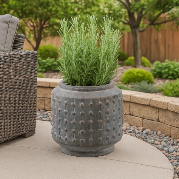 8 Inch Ceramic Planter, Round Curved Bubbled Texture, Weathered Gray Finish