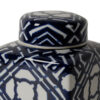 10 Inch Lidded Jar, Porcelain Construction, Deep Blue Graphic Trellis