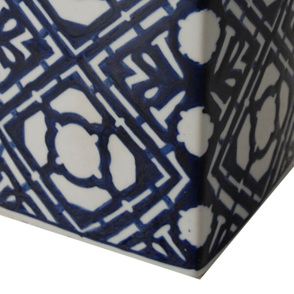 10 Inch Lidded Jar, Porcelain Construction, Deep Blue Graphic Trellis