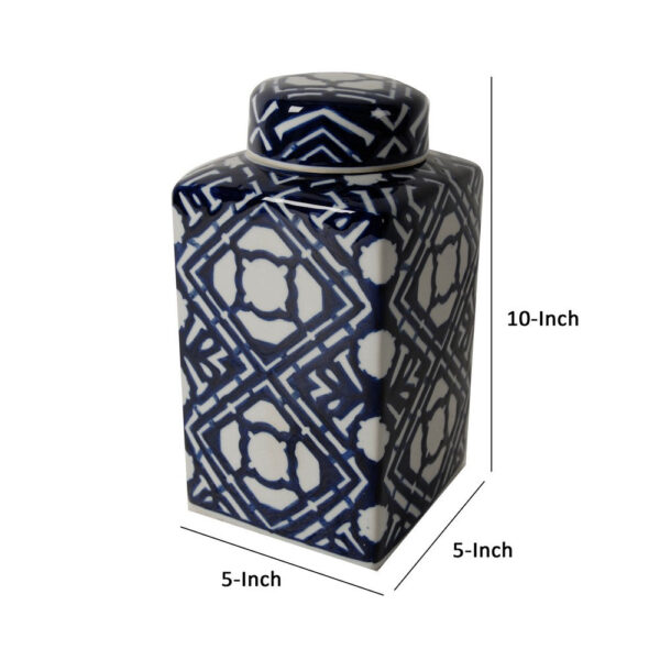 10 Inch Lidded Jar, Porcelain Construction, Deep Blue Graphic Trellis