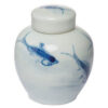 8 Inch Lidded Ginger Jar, Painted Koi Fish, White Blue Porcelain, Set of 2
