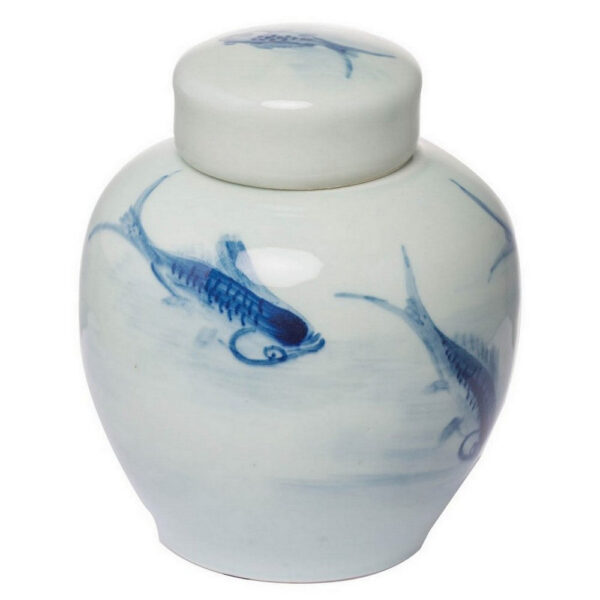 8 Inch Lidded Ginger Jar, Painted Koi Fish, White Blue Porcelain, Set of 2