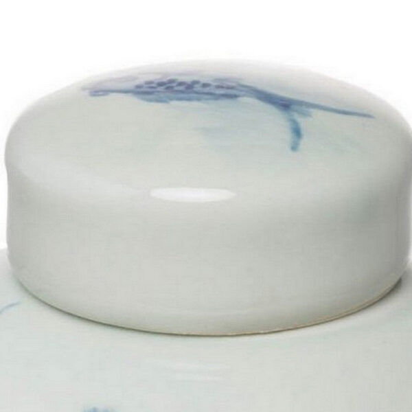 8 Inch Lidded Ginger Jar, Painted Koi Fish, White Blue Porcelain, Set of 2