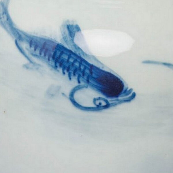 8 Inch Lidded Ginger Jar, Painted Koi Fish, White Blue Porcelain, Set of 2