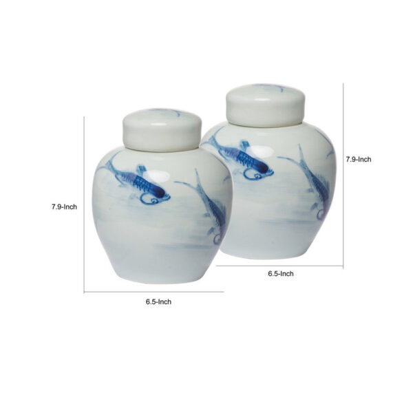 8 Inch Lidded Ginger Jar, Painted Koi Fish, White Blue Porcelain, Set of 2