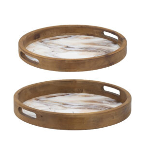 18, 15 Inch Round Decorative Tray, Marble Effect, Brown Fir Wood Frame