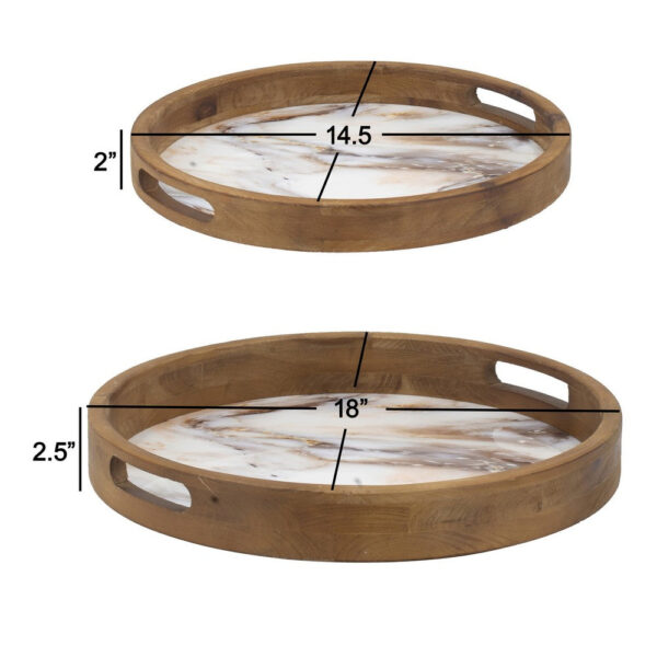 18, 15 Inch Round Decorative Tray, Marble Effect, Brown Fir Wood Frame