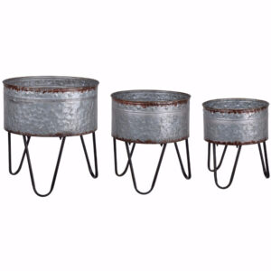 Galvanized Sheet Planter Tubs, Iron Powder Coated Hairpin Legs, Set of 3, Gray, Black