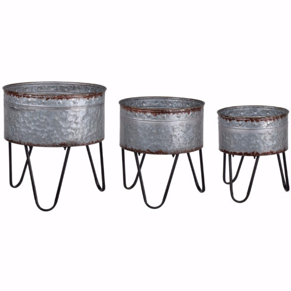 Galvanized Sheet Planter Tubs, Iron Powder Coated Hairpin Legs, Set of 3, Gray, Black