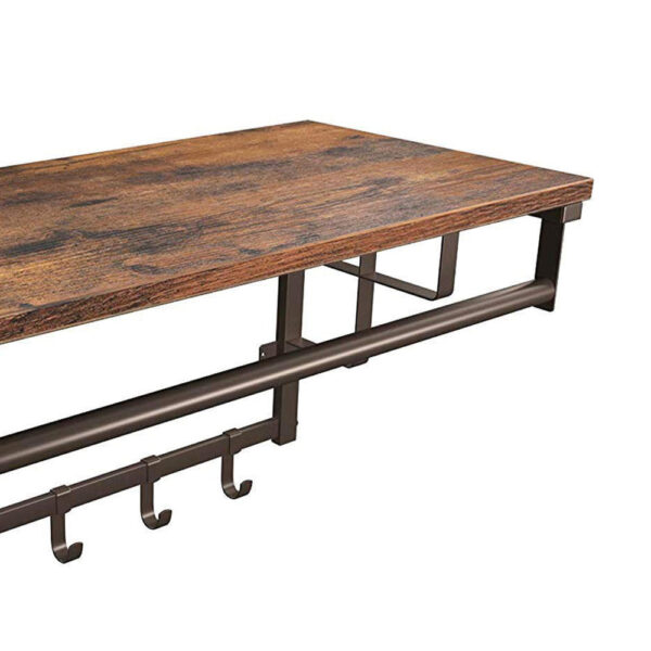 26 Inch Industrial Metal Frame Wall Mount Coat Rack, 5 Hooks, 1 Shelf, Rustic Brown, Black