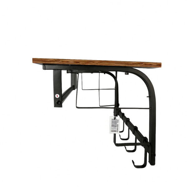 26 Inch Industrial Metal Frame Wall Mount Coat Rack, 5 Hooks, 1 Shelf, Rustic Brown, Black