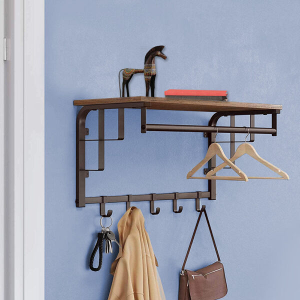 26 Inch Industrial Metal Frame Wall Mount Coat Rack, 5 Hooks, 1 Shelf, Rustic Brown, Black