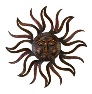 35 Inch Round Wall Mounted Sun Face Accent Decor, Carved Rustic Gold and Black Metal