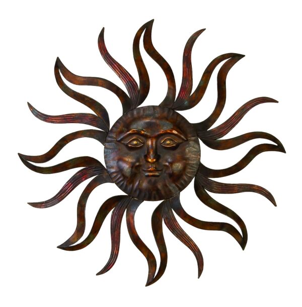 35 Inch Round Wall Mounted Sun Face Accent Decor, Carved Rustic Gold and Black Metal