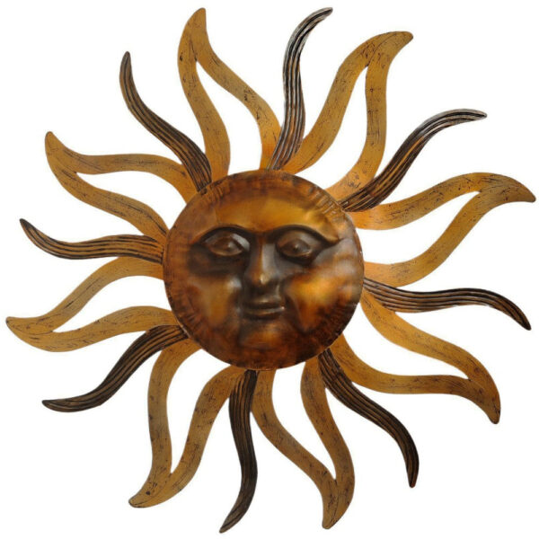 35 Inch Round Wall Mounted Sun Face Accent Decor, Carved Rustic Gold and Black Metal