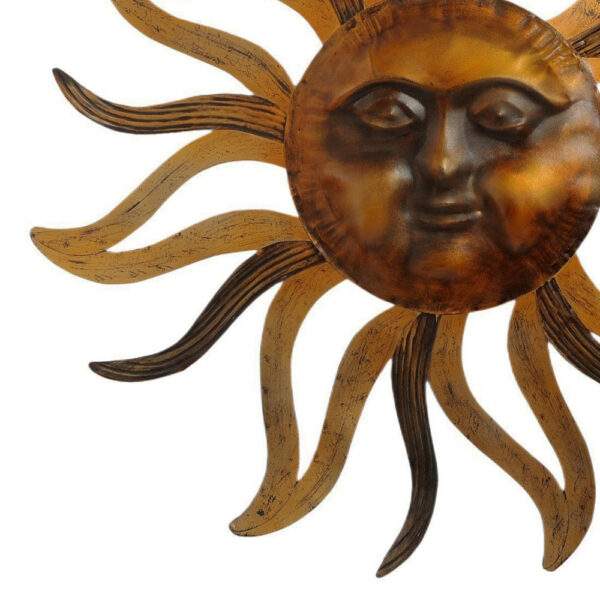 35 Inch Round Wall Mounted Sun Face Accent Decor, Carved Rustic Gold and Black Metal